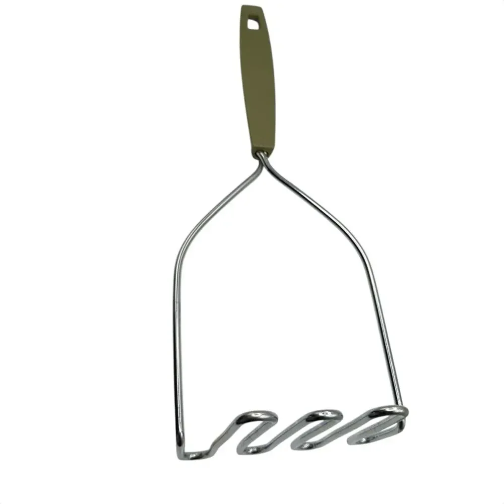 Vintage MCM Stainless Steel Potato Masher with Avocado Green Handle 60's 70's